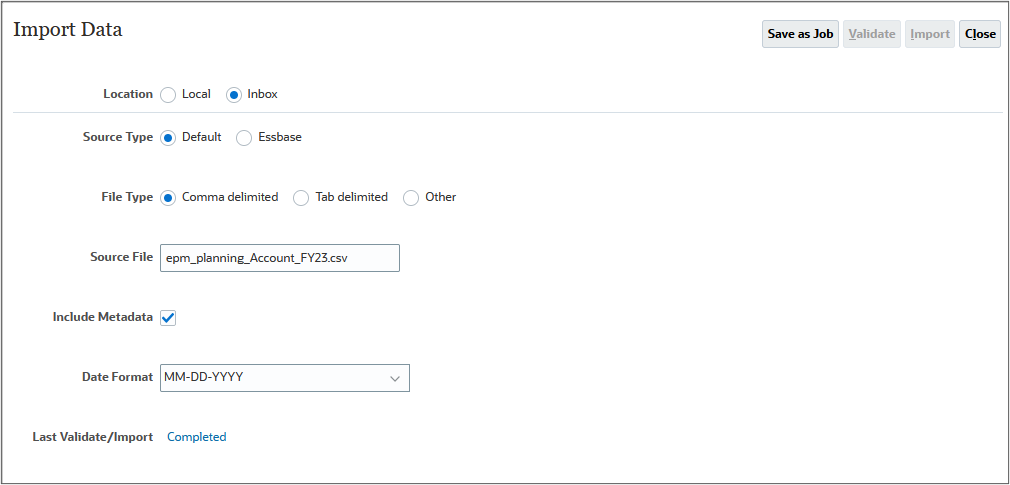 Import Data page